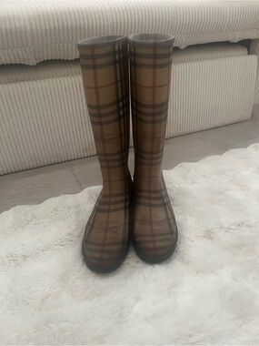 Burberry Beige Plaid Tall Rain Boots